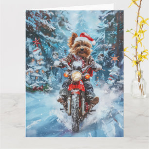 Biewer Terrier Dog Riding Motorcycle Christmas Card