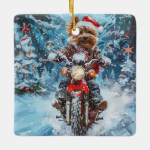 Biewer Terrier Dog Riding Motorcycle Christmas Ceramic Ornament