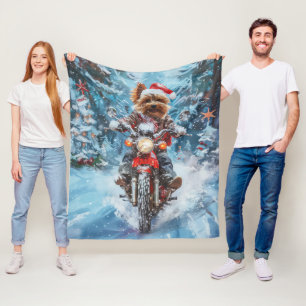 Biewer Terrier Dog Riding Motorcycle Christmas Fleece Blanket