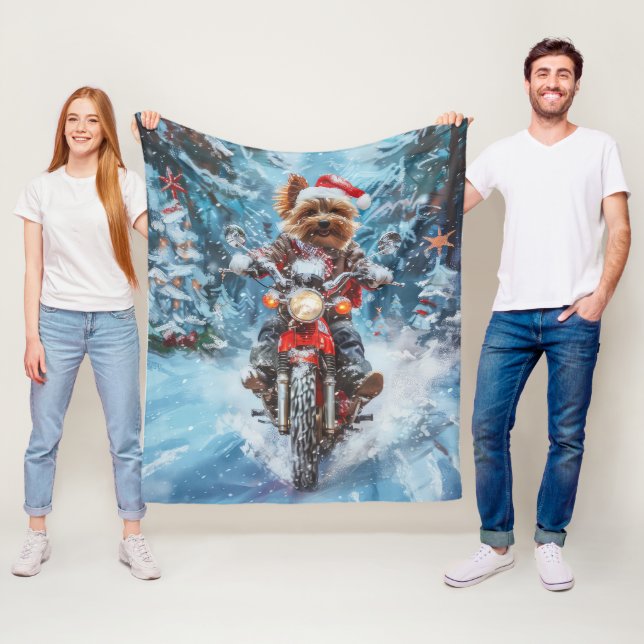 Biewer Terrier Dog Riding Motorcycle Christmas Fleece Blanket (In Situ)