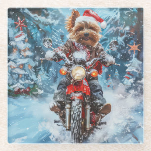 Biewer Terrier Dog Riding Motorcycle Christmas Glass Coaster