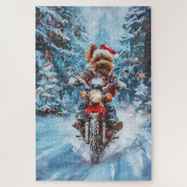 Biewer Terrier Dog Riding Motorcycle Christmas Jigsaw Puzzle (Vertical)