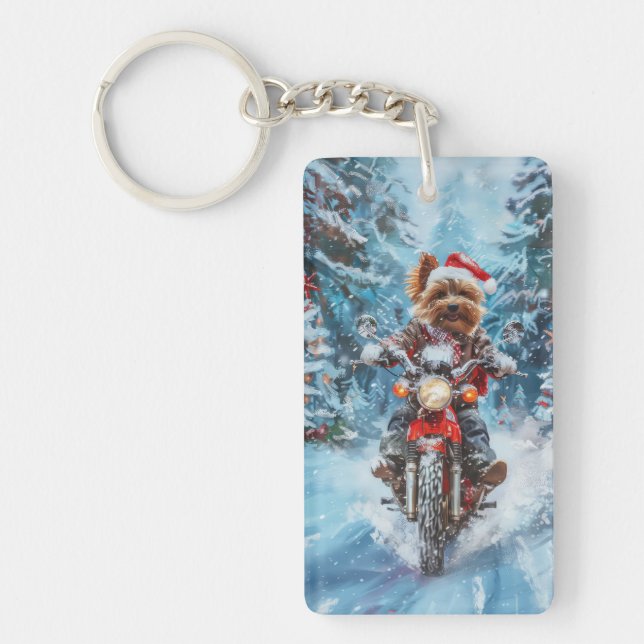 Biewer Terrier Dog Riding Motorcycle Christmas Key Ring (Front)