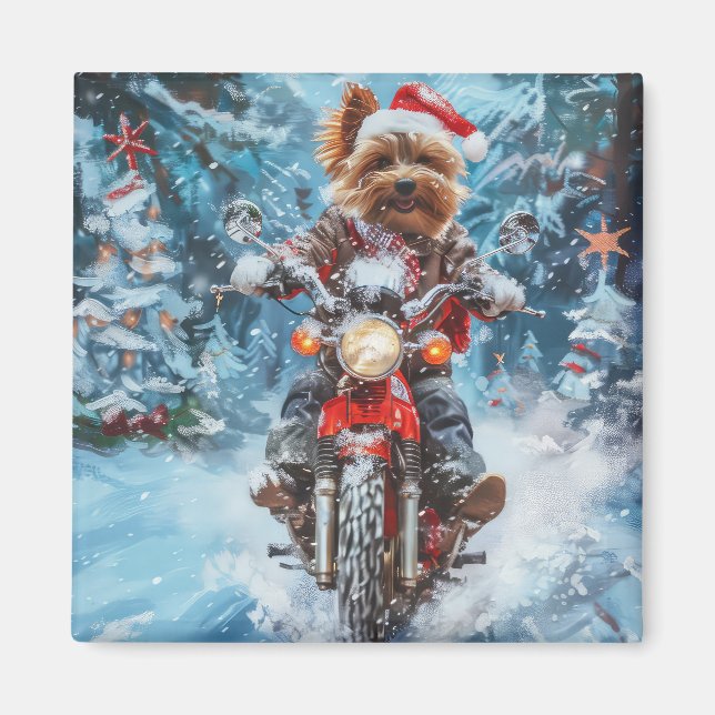 Biewer Terrier Dog Riding Motorcycle Christmas Magnet (Front)
