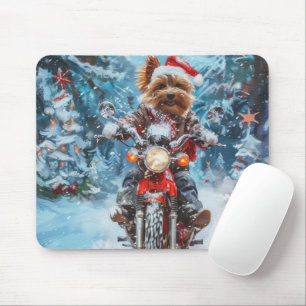 Biewer Terrier Dog Riding Motorcycle Christmas Mouse Mat
