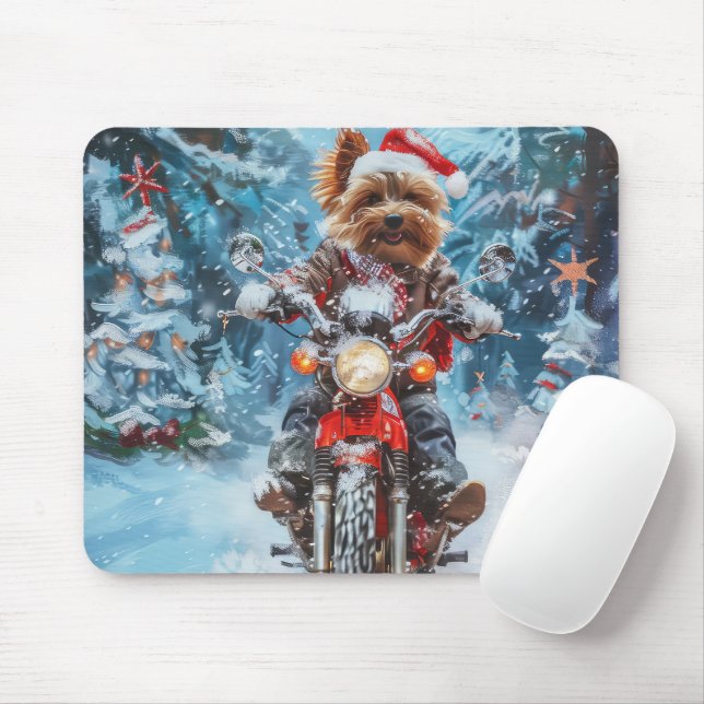 Biewer Terrier Dog Riding Motorcycle Christmas Mouse Mat (With Mouse)