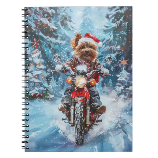 Biewer Terrier Dog Riding Motorcycle Christmas Notebook (Front)
