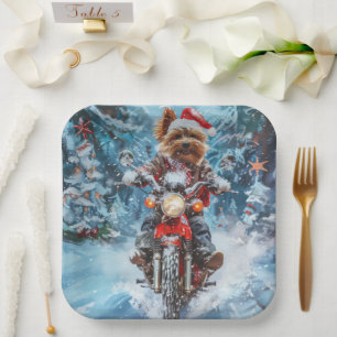 Biewer Terrier Dog Riding Motorcycle Christmas Paper Plate