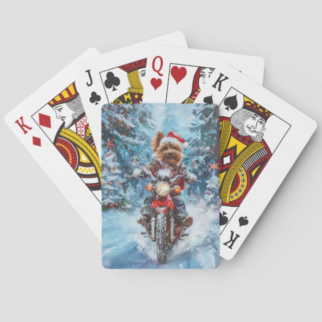 Biewer Terrier Dog Riding Motorcycle Christmas Playing Cards (Back)