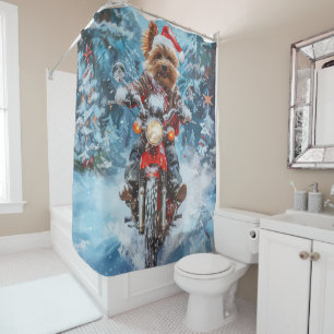 Biewer Terrier Dog Riding Motorcycle Christmas Shower Curtain