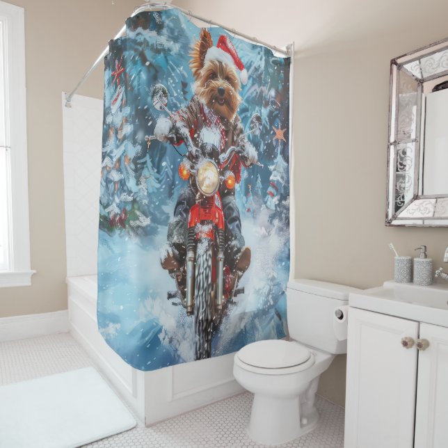 Biewer Terrier Dog Riding Motorcycle Christmas Shower Curtain (In Situ)
