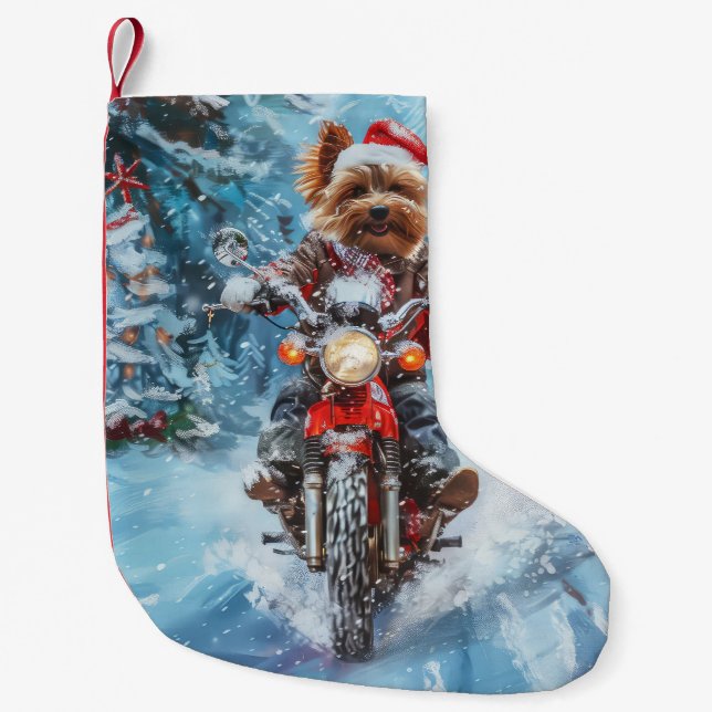 Biewer Terrier Dog Riding Motorcycle Christmas Small Christmas Stocking (Front)