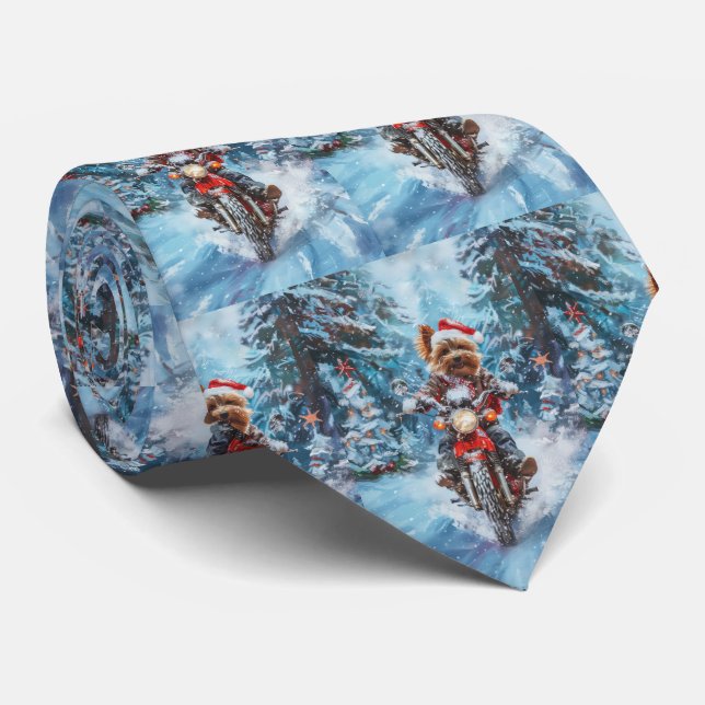 Biewer Terrier Dog Riding Motorcycle Christmas Tie (Rolled)