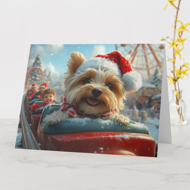 Biewer Terrier Dog Roller Coaster Christmas  Card (Yellow Flower)