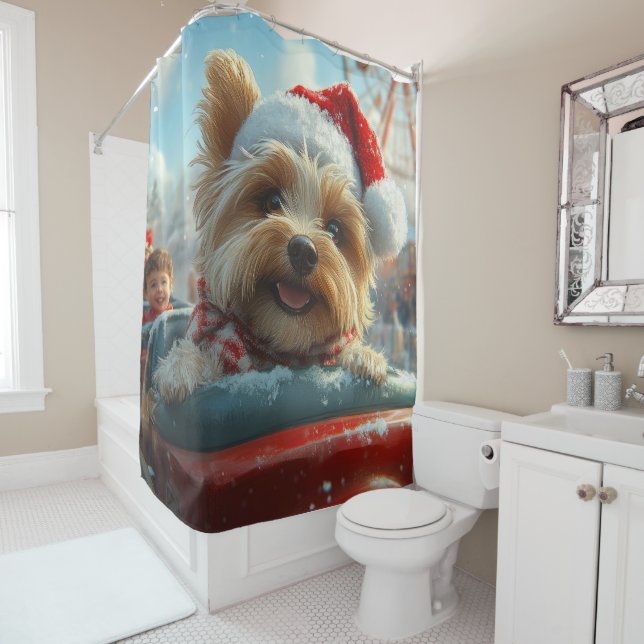 Biewer Terrier Dog Roller Coaster Christmas  Shower Curtain (In Situ)