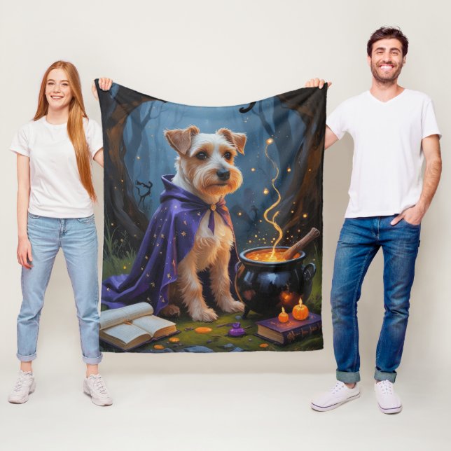 Biewer Terrier Dog Whimsical Halloween Painting Fleece Blanket (In Situ)
