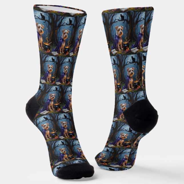 Biewer Terrier Dog Whimsical Halloween Painting Socks (Angled)