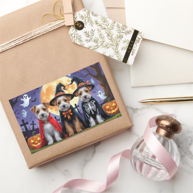Biewer Terrier Dogs Pumpkin Halloween Funny Rectangular Sticker (Gifting)