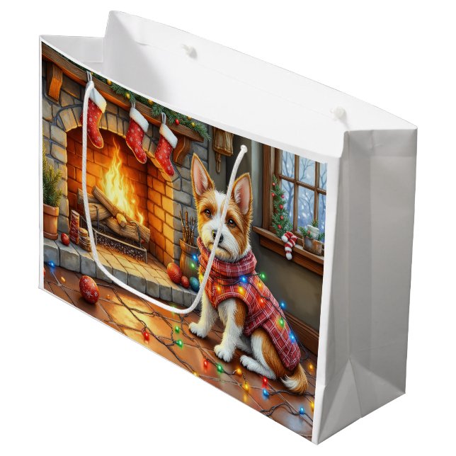 Biewer Terrier Fireplace with Christmas Lights Large Gift Bag (Front Angled)