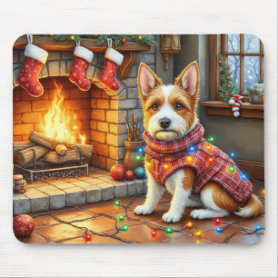 Biewer Terrier Fireplace with Christmas Lights Mouse Mat