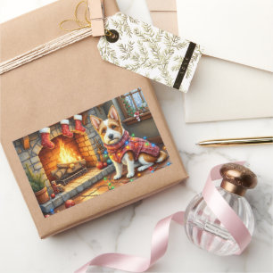 Biewer Terrier Fireplace with Christmas Lights Rectangular Sticker