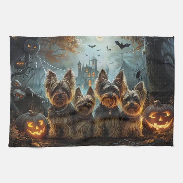 Biewer Terrier Halloween Night Doggy Delight  Tea Towel (Horizontal)