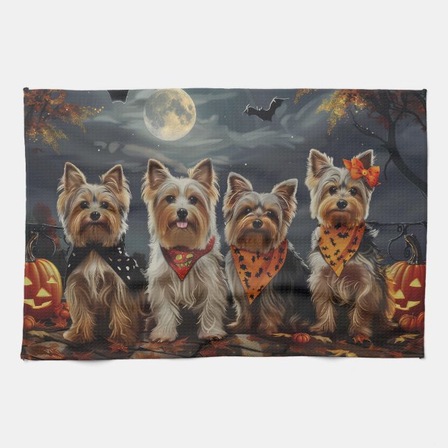 Biewer Terrier Halloween Spooky  Tea Towel (Horizontal)
