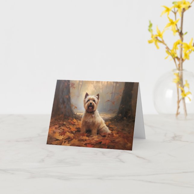 Biewer Terrier in Autumn Leaves Fall Inspire Card (Yellow Flower)