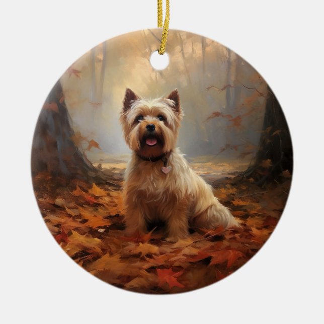 Biewer Terrier in Autumn Leaves Fall Inspire Ceramic Tree Decoration (Front)