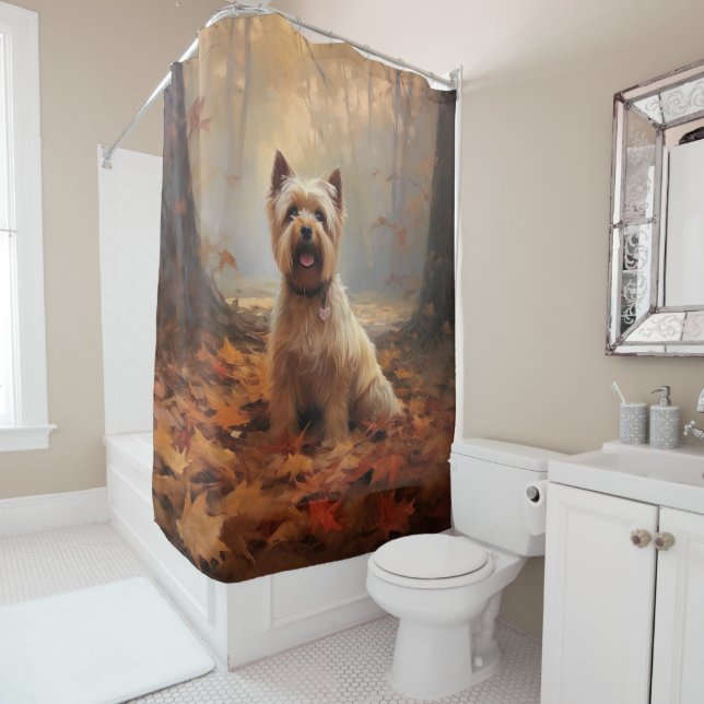 Biewer Terrier in Autumn Leaves Fall Inspire Shower Curtain (In Situ)