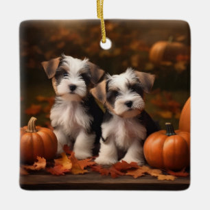Biewer Terrier Puppy Autumn Delight Pumpkin  Ceramic Ornament