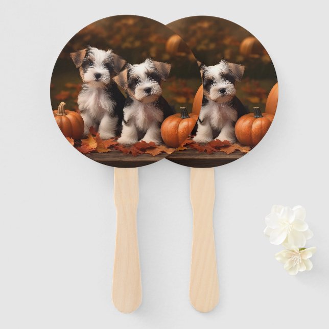 Biewer Terrier Puppy Autumn Delight Pumpkin  Hand Fan (Front and Back)