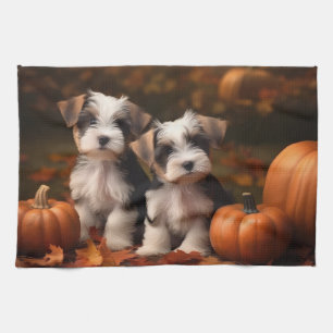 Biewer Terrier Puppy Autumn Delight Pumpkin  Tea Towel