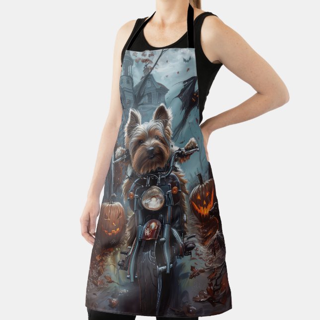 Biewer Terrier Riding Motorcycle Halloween Scary  Apron (Insitu)