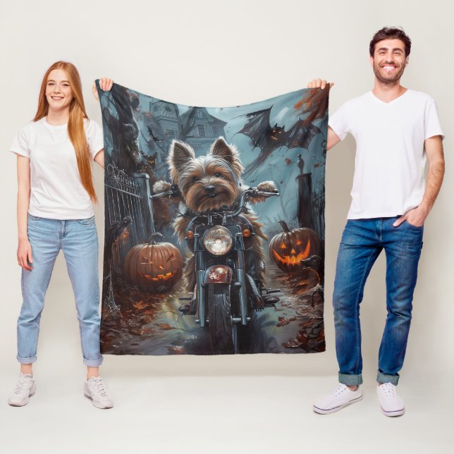 Biewer Terrier Riding Motorcycle Halloween Scary  Fleece Blanket (In Situ)