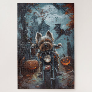 Biewer Terrier Riding Motorcycle Halloween Scary Jigsaw Puzzle