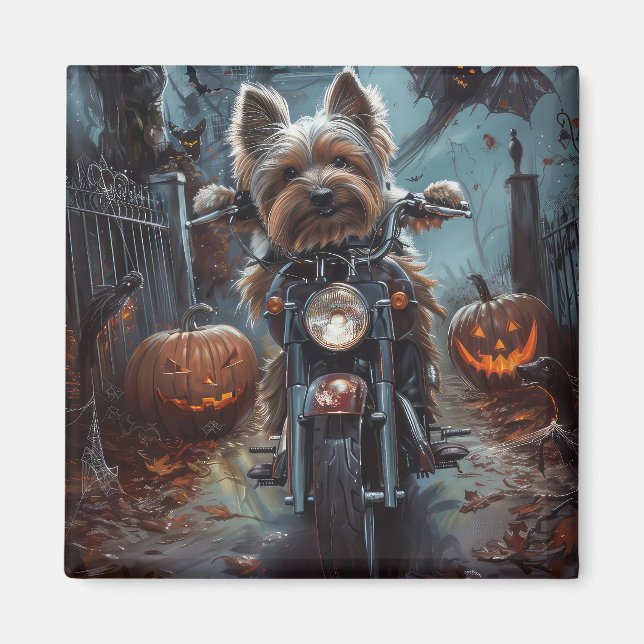 Biewer Terrier Riding Motorcycle Halloween Scary  Magnet (Front)
