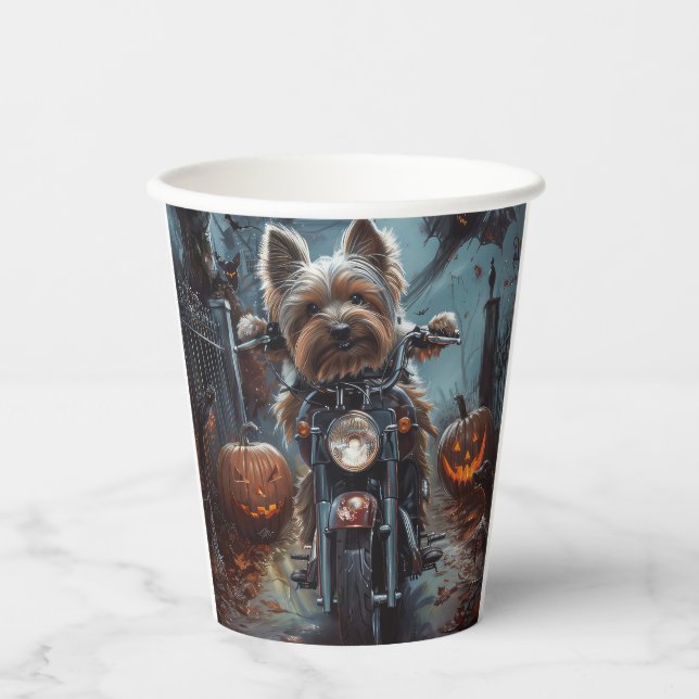 Biewer Terrier Riding Motorcycle Halloween Scary  Paper Cups (Front)