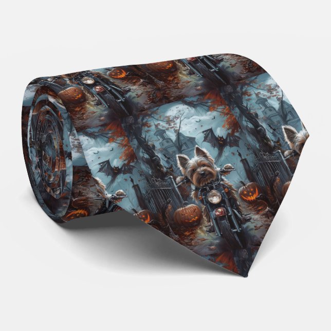 Biewer Terrier Riding Motorcycle Halloween Scary  Tie (Rolled)