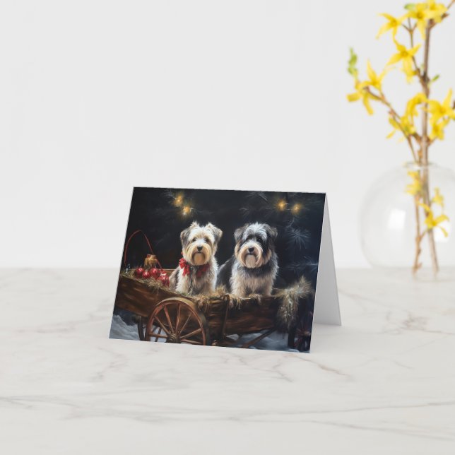 Biewer Terrier Snowy Sleigh Christmas Decor Card (Yellow Flower)