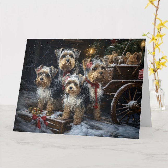 Biewer Terrier Snowy Sleigh Christmas Decor Card (Yellow Flower)