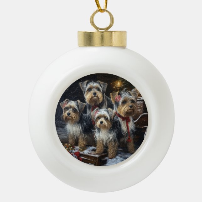 Biewer Terrier Snowy Sleigh Christmas Decor Ceramic Ball Christmas Ornament (Front)