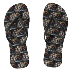 Biewer Terrier Snowy Sleigh Christmas Decor Flip Flops