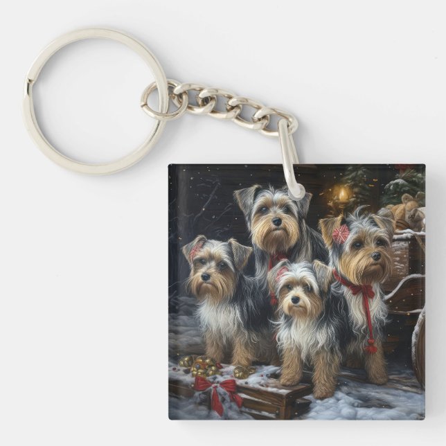 Biewer Terrier Snowy Sleigh Christmas Decor Key Ring (Front)