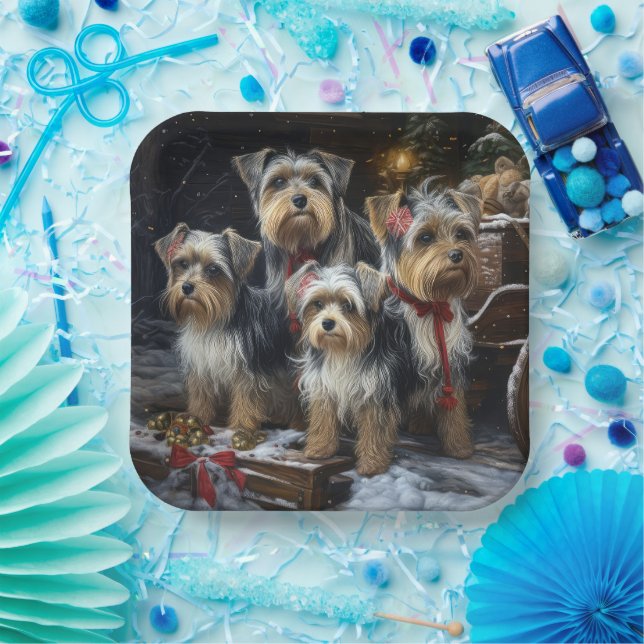 Biewer Terrier Snowy Sleigh Christmas Decor Paper Plate (Party)