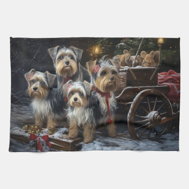 Biewer Terrier Snowy Sleigh Christmas Decor Tea Towel (Horizontal)