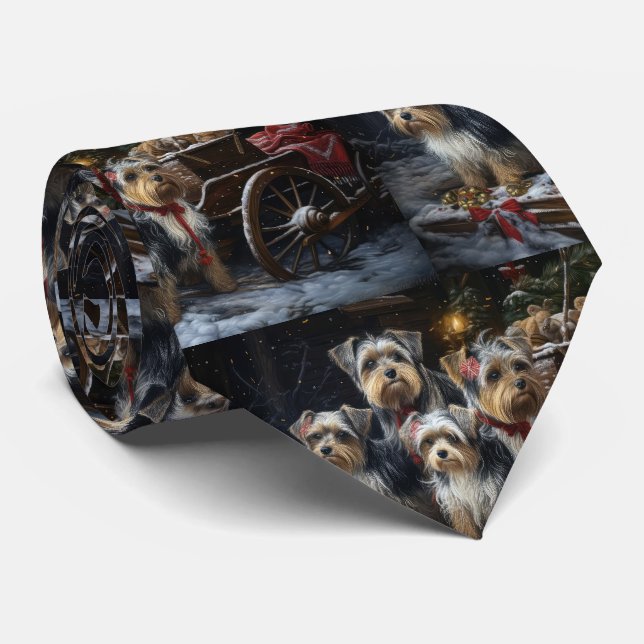 Biewer Terrier Snowy Sleigh Christmas Decor Tie (Rolled)