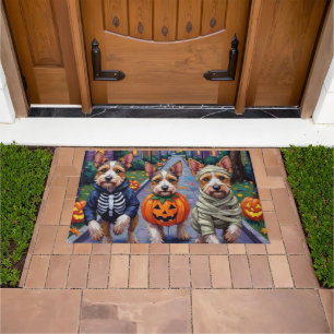 Biewer Terrier Trick-or-Treating Halloween Costume Doormat