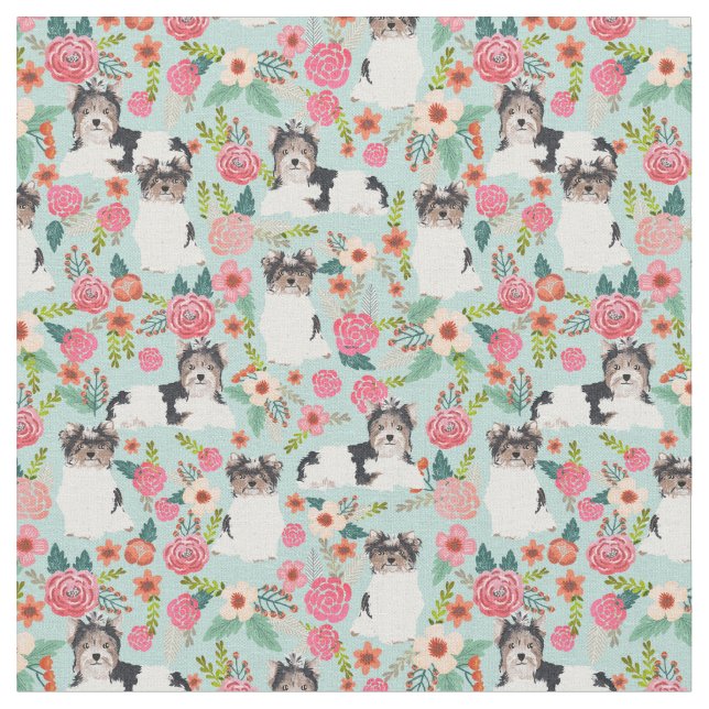 Biewer Terrier vintage florals blue Fabric (Close Up)