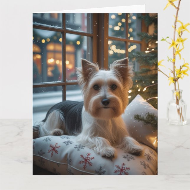 Biewer Terrier With Christmas Lights Holiday Card (Yellow Flower)